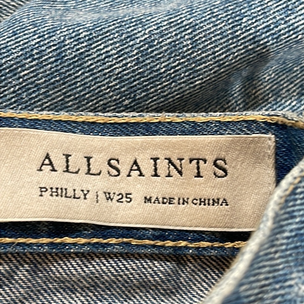 All Saints Philly Embroidered Blue Denim Jeans Raw Hem Size W25 - Picture 9 of 12